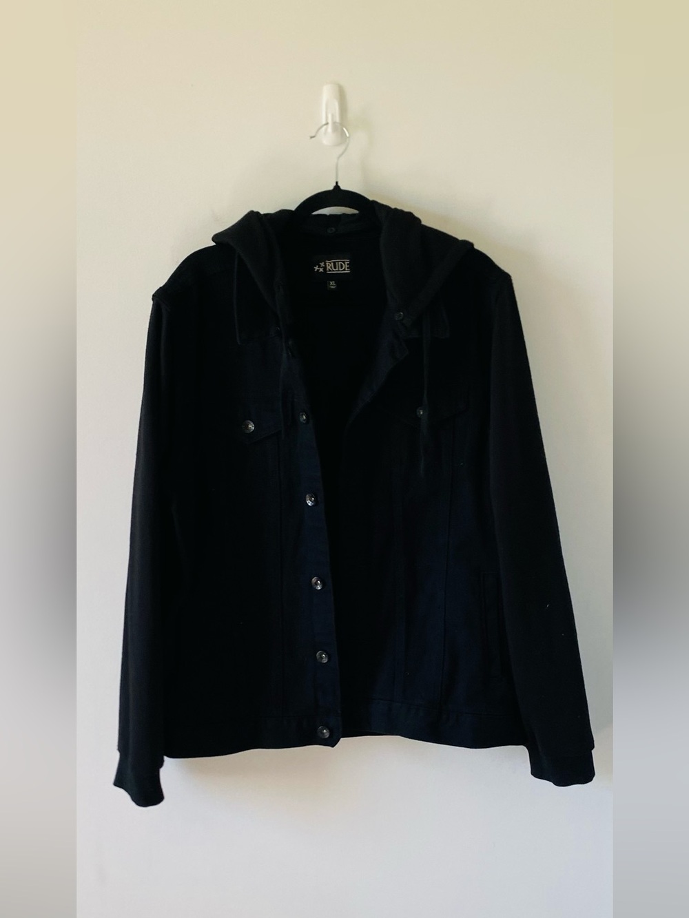 RUDE Black Hooded Mixed Media Jean Jacket Size XL EUC Grunge Goth Punk Emo Y2K